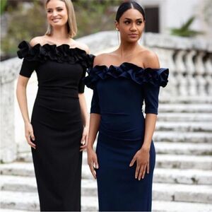 XSCAPE 3856X Off the Shoulder Ruffle Crepe Trumpet Gown Navy NWT $258